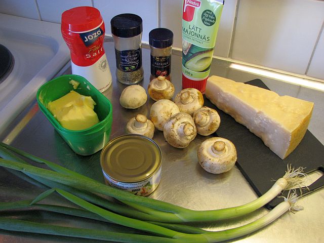 Krabbfyllda champinjoner: ingredienser